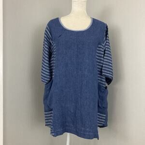 STEFANI 100% LINEN blue boxy TOP short sleeve blouse lagenlook ESTONIA 2 L - XL